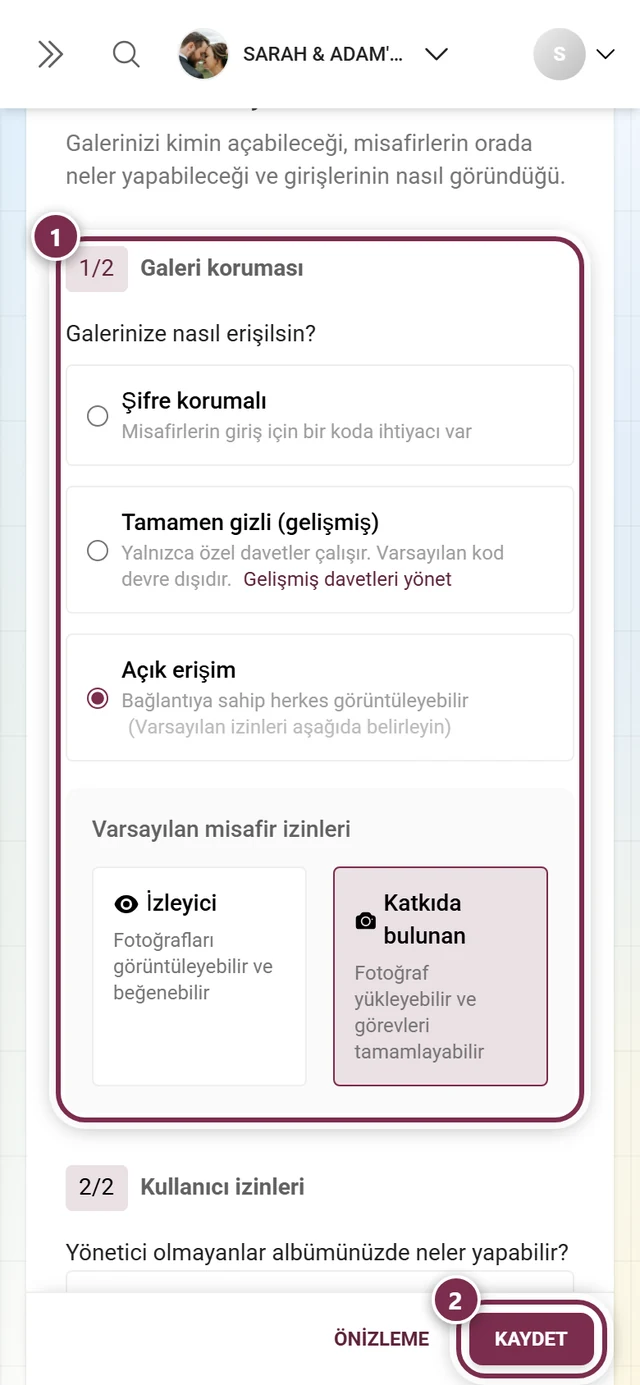 İşaretli ve kaydetme çubuklu, erişim sekmesindeki Galeri koruması bölümü