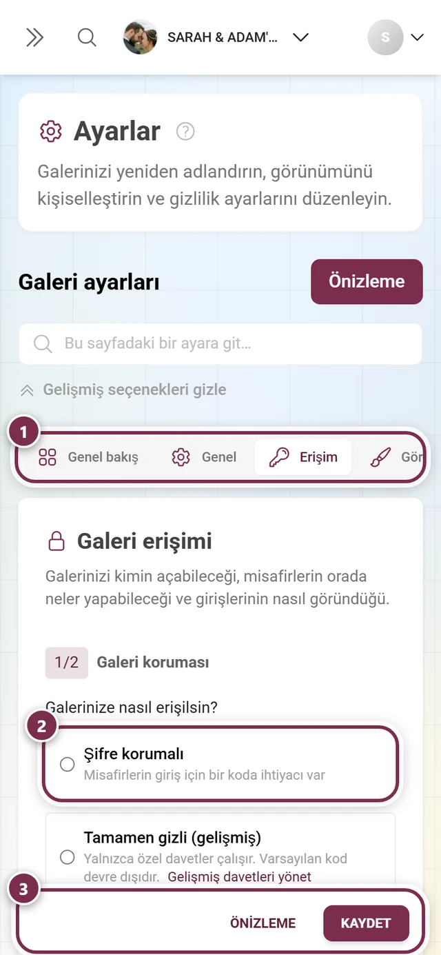 Galeri koruması, kullanıcı izinleri ve davet kodlarıyla galeri ayarlarının Erişim sekmesi