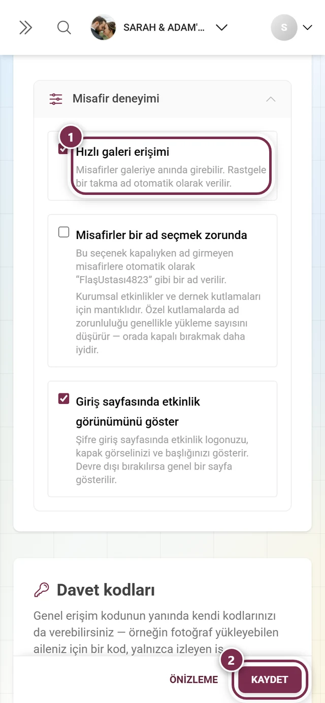 Hızlı galeri erişimi satırı ve Değişiklikleri kaydet düğmesi işaretli Erişim sekmesi