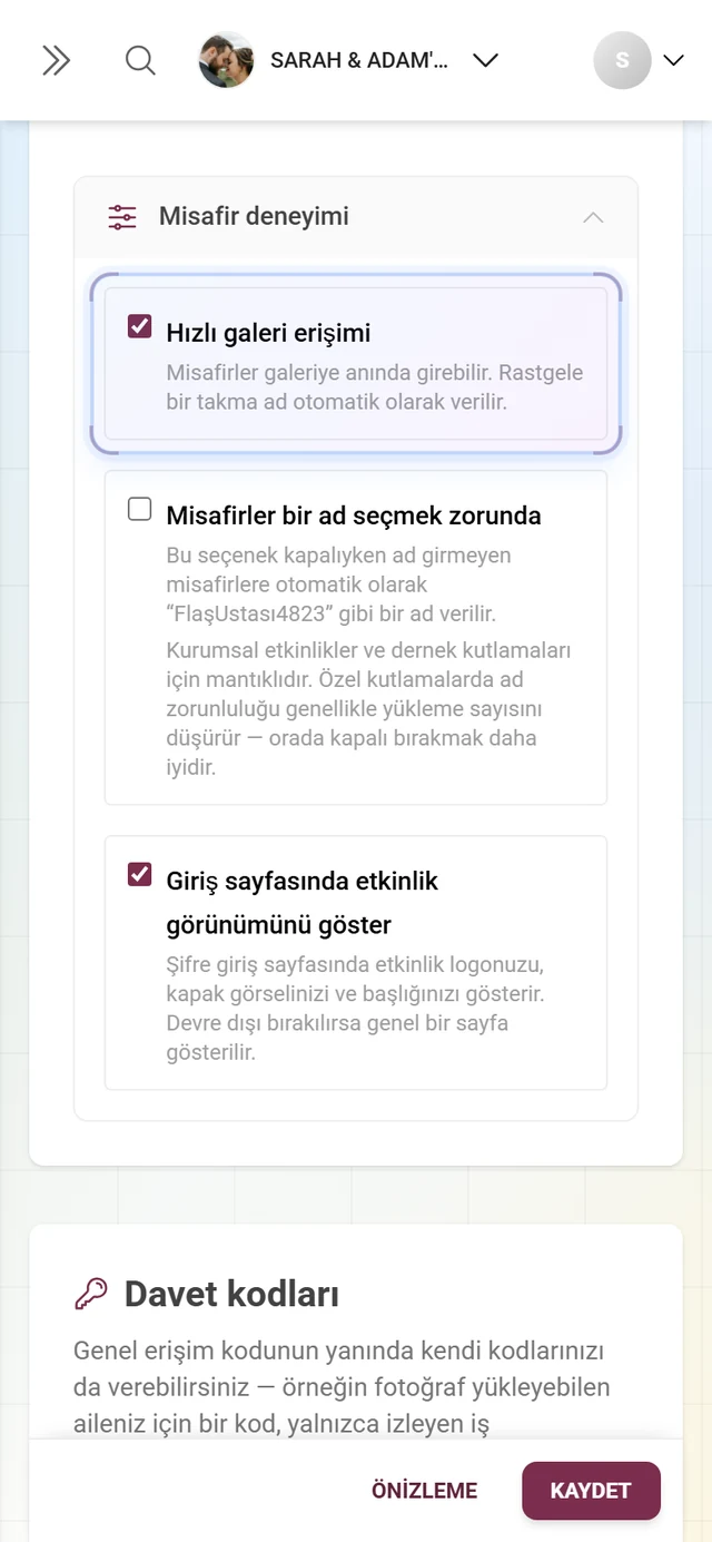 Galeriye hızlı erişim, Misafirler bir ad seçmeli ve Giriş sayfasında etkinlik markasını göster onay kutularıyla açılmış Misafir deneyimi bölümü