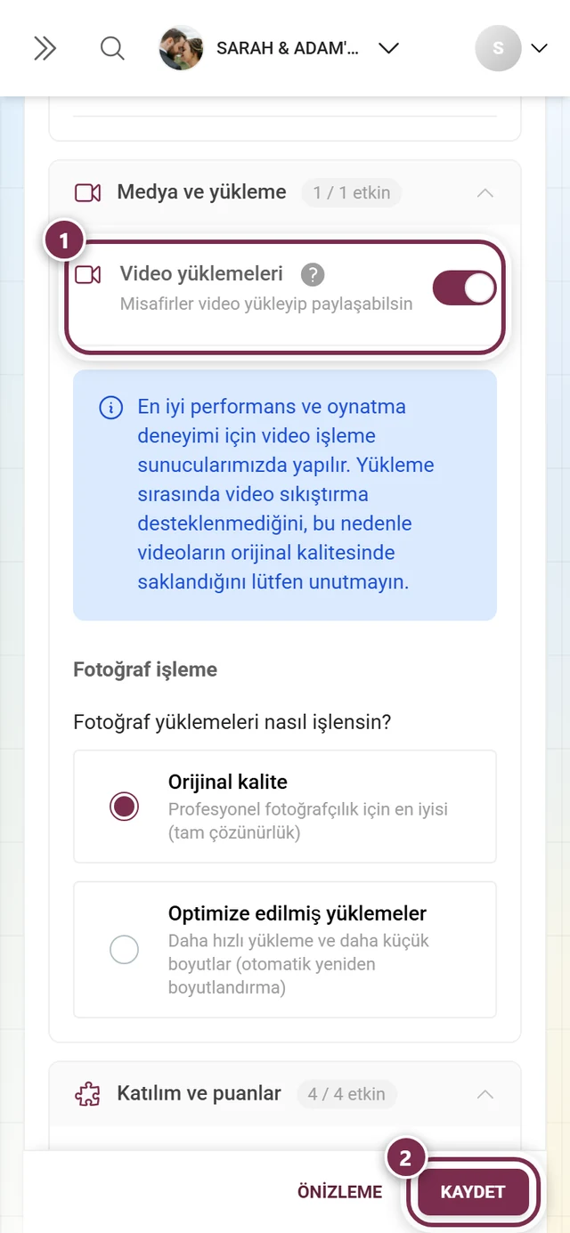 İşaretli anahtar ve kaydetme çubuğuyla Video yüklemeleri özellik kartı