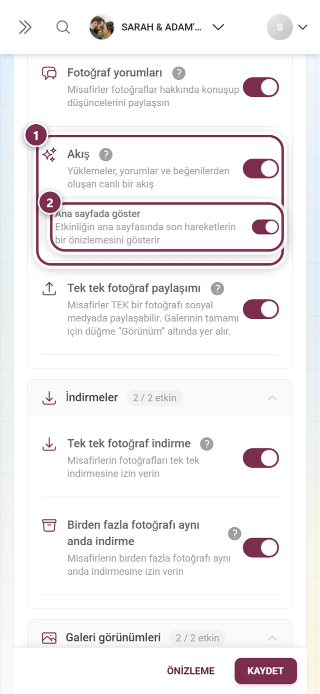 Anahtarı ve Ana sayfada göster alt anahtarıyla Akış kartı