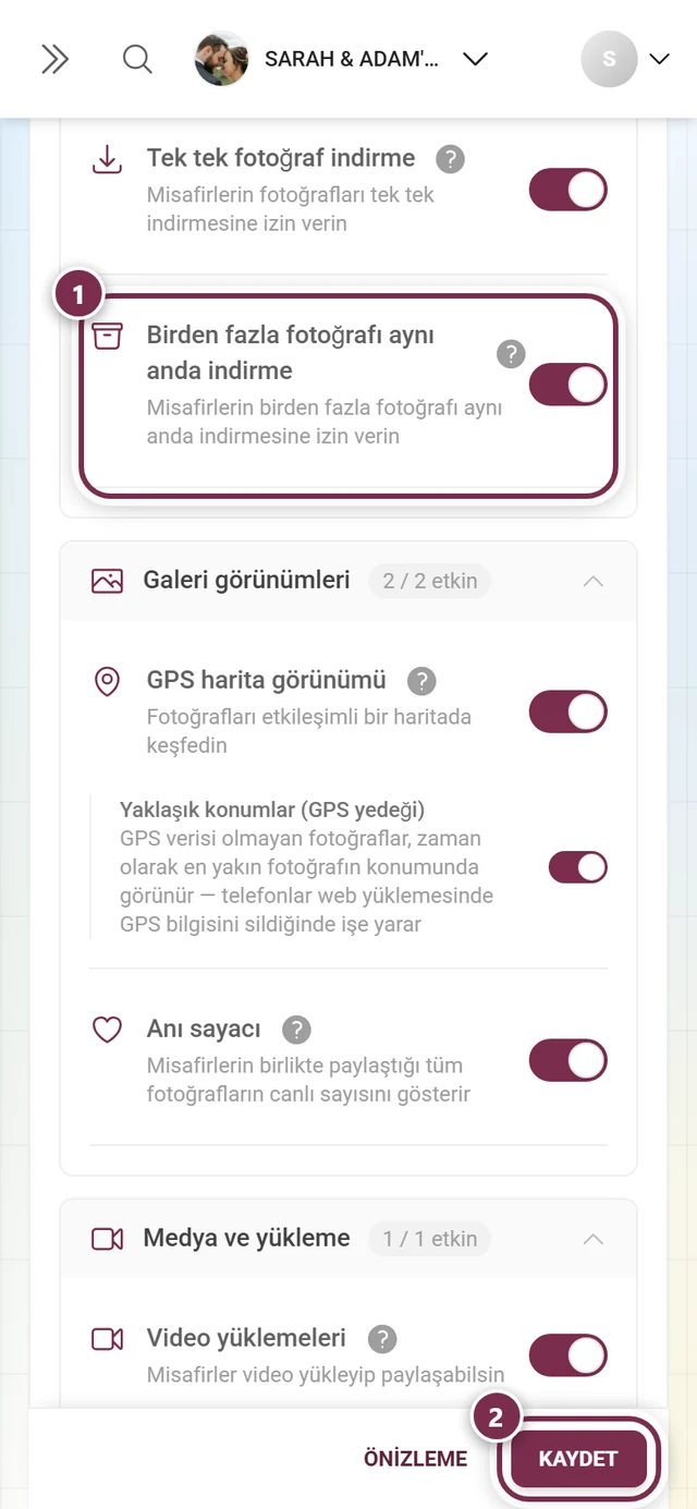 İşaretli anahtar ve kaydetme çubuğuyla toplu indirme özellik kartı