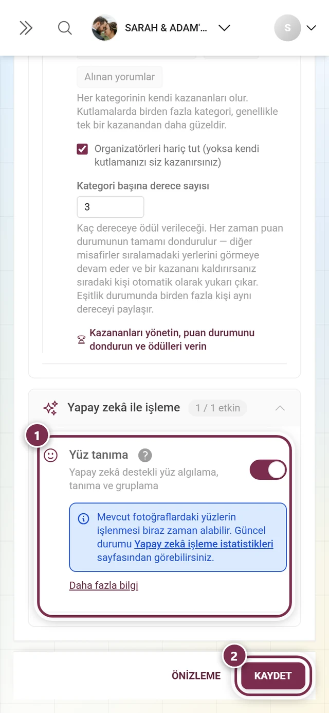 İşaretli anahtar ve kaydetme çubuğuyla Yüzleri tanı özellik kartı