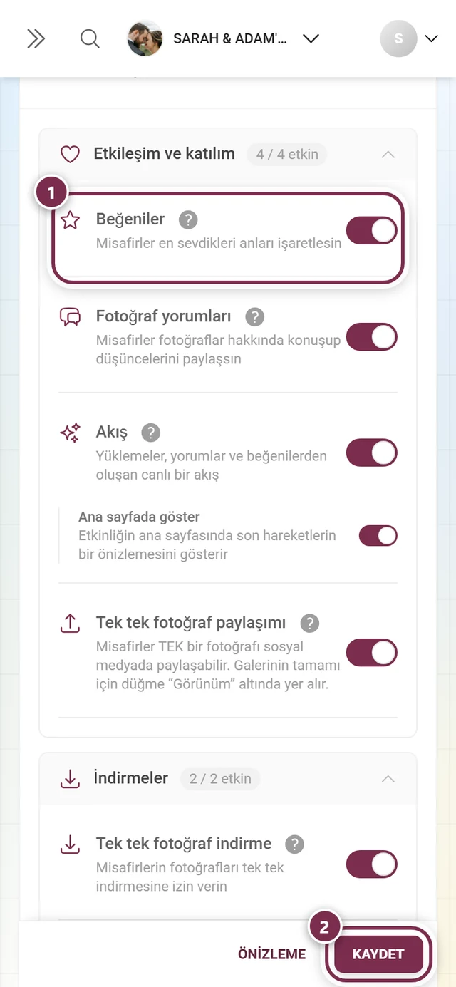 İşaretli anahtar ve işaretli kaydetme çubuğuyla Beğeniler özellik kartı