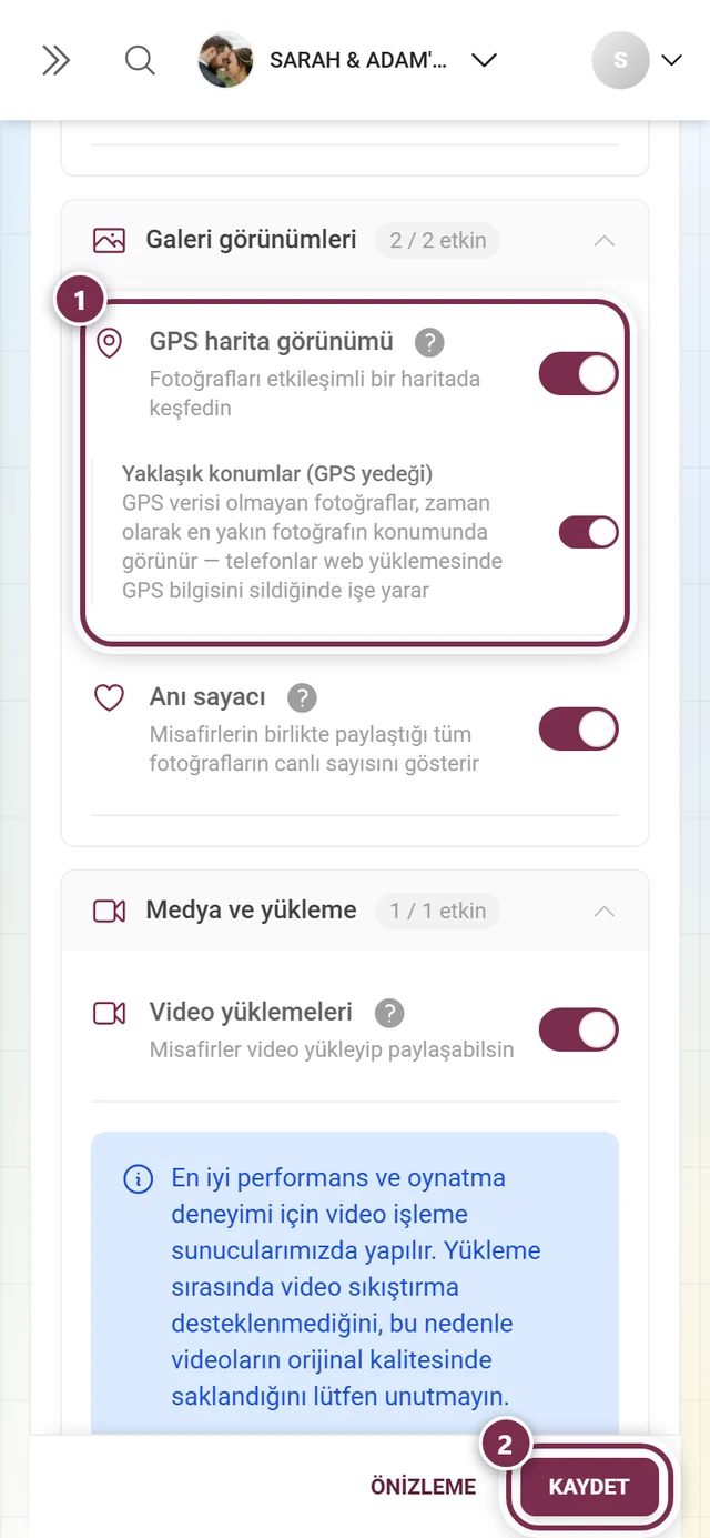 İşaretli anahtar ve kaydetme çubuğuyla GPS harita görünümü özellik kartı