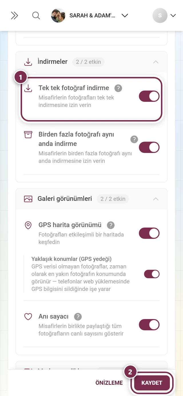 Ayarlar: Tek tek fotoğrafları indir anahtarı vurgulanmış Özellikler