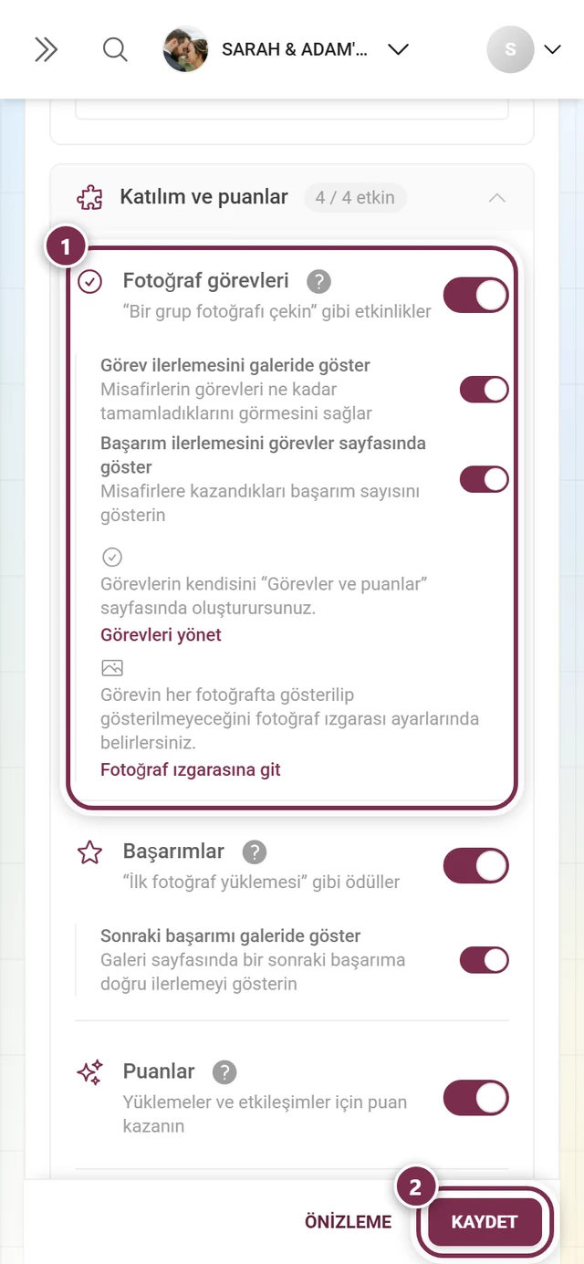 İşaretli anahtar ve kaydetme çubuğuyla Fotoğraf görevleri özellik kartı