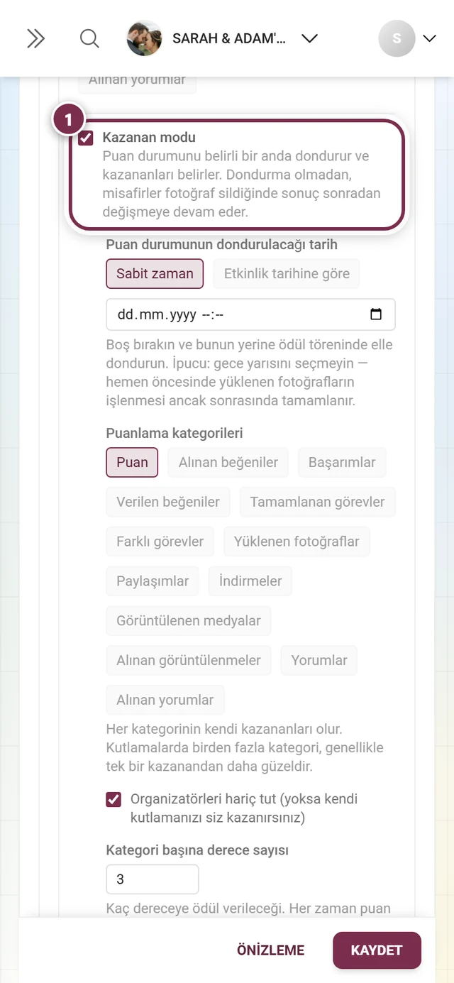 Lider tablosu kartı içinde açıklama metniyle Kazanan modu onay kutusu