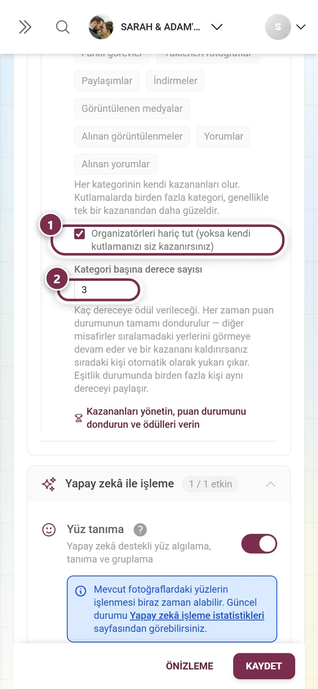 Organizatörleri hariç tut onay kutusu ve altında 3 gösteren Kategori başına sıra sayısı alanı