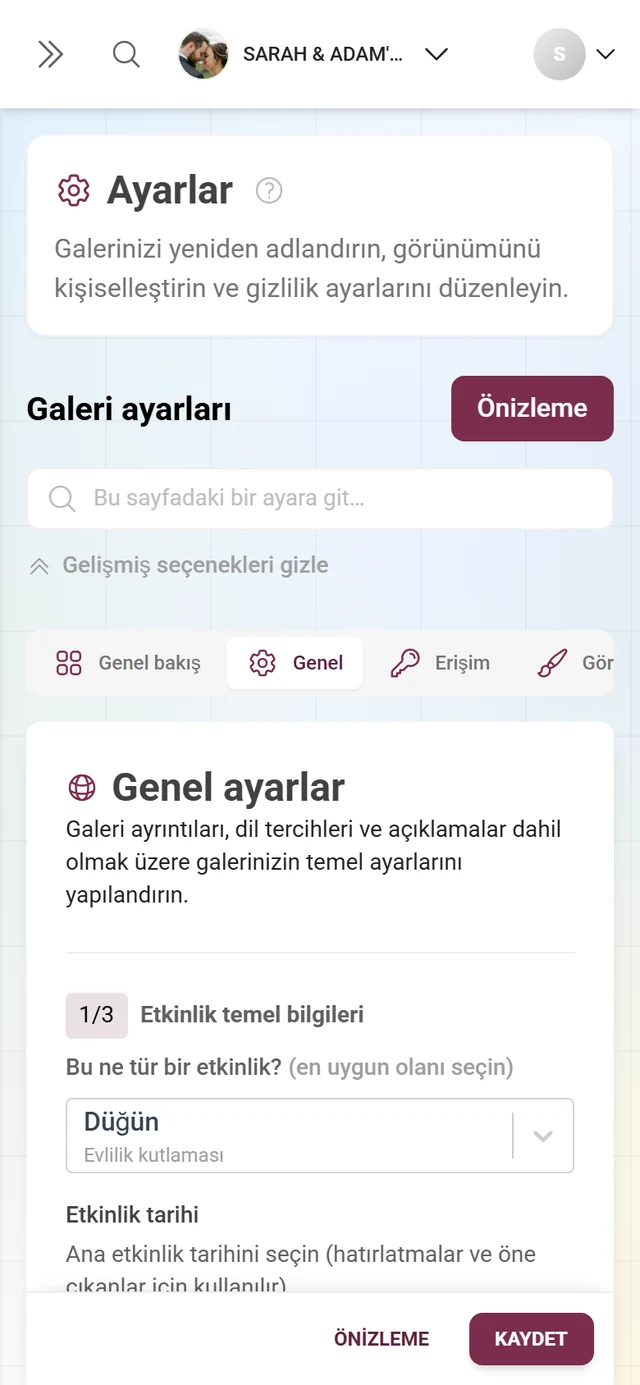 Etkinlik temel bilgileri, Dil ayarları ve Galeri içeriği bölümleriyle Galeri ayarlarının Genel sekmesi