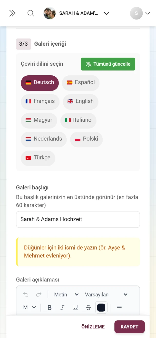 Dil seçici, galeri başlığı ve açıklamasıyla Bölüm 3/3 Galeri içeriği
