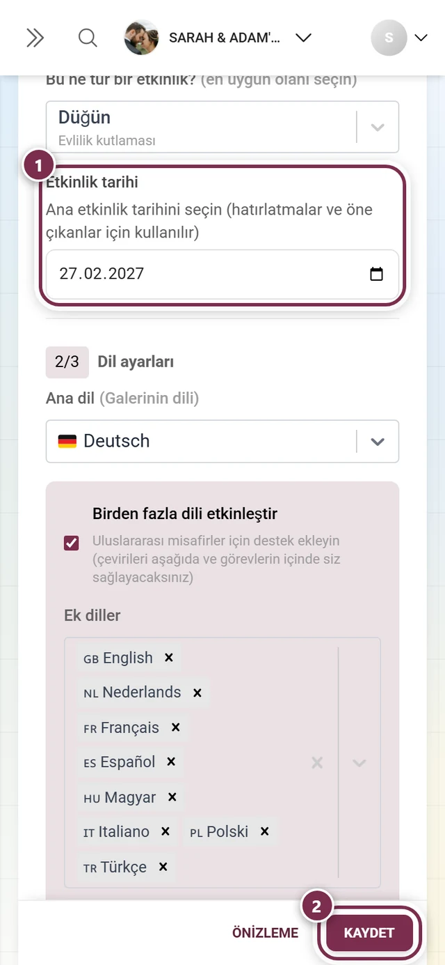 İşaretli ve kaydetme çubuklu, genel ayarlardaki Etkinlik tarihi alanı