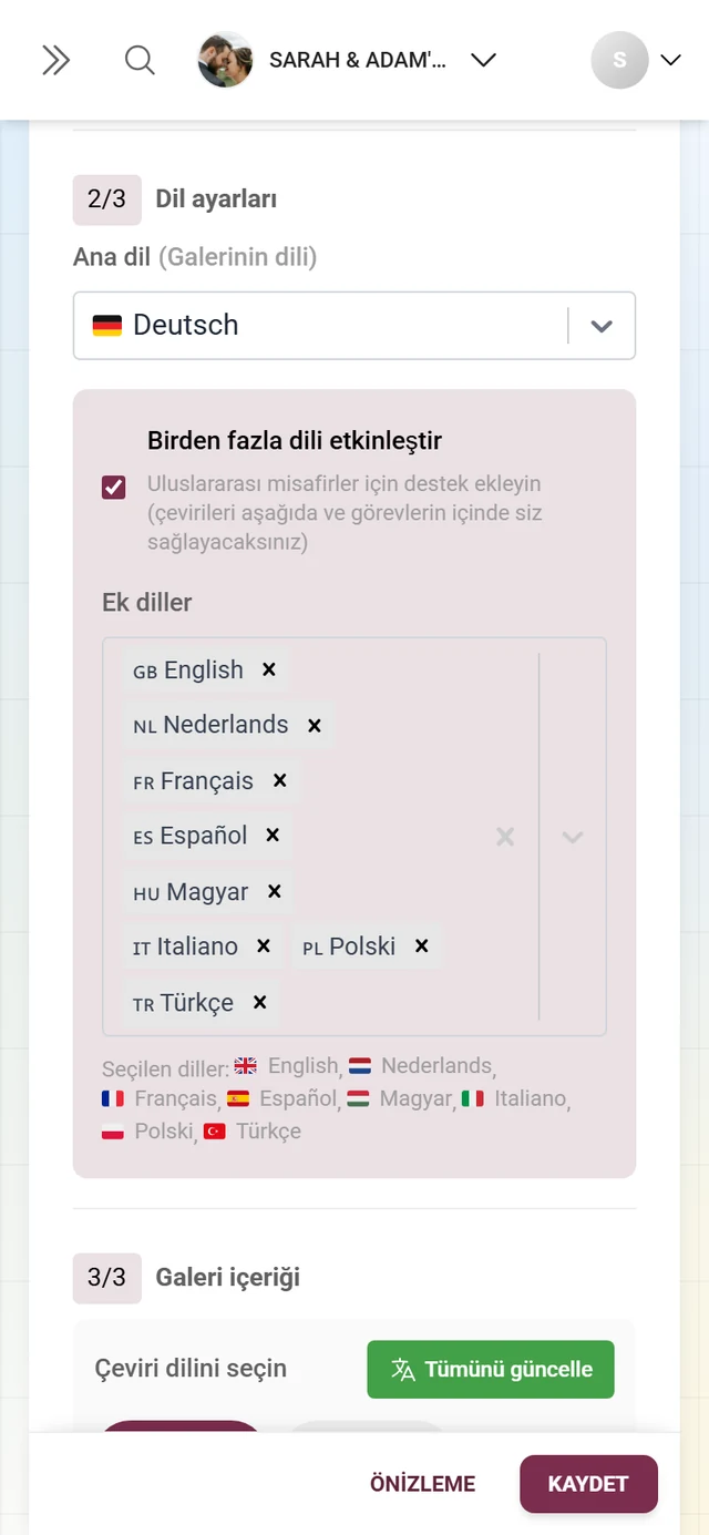 Birincil dil ve ek dil olarak İngilizce ile Bölüm 2/3 Dil ayarları