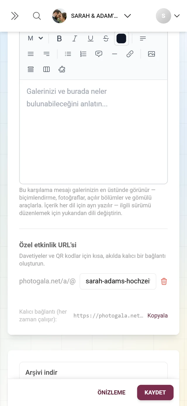 Giriş alanı ve altında kalıcı bağlantı bulunan özel etkinlik URL'si