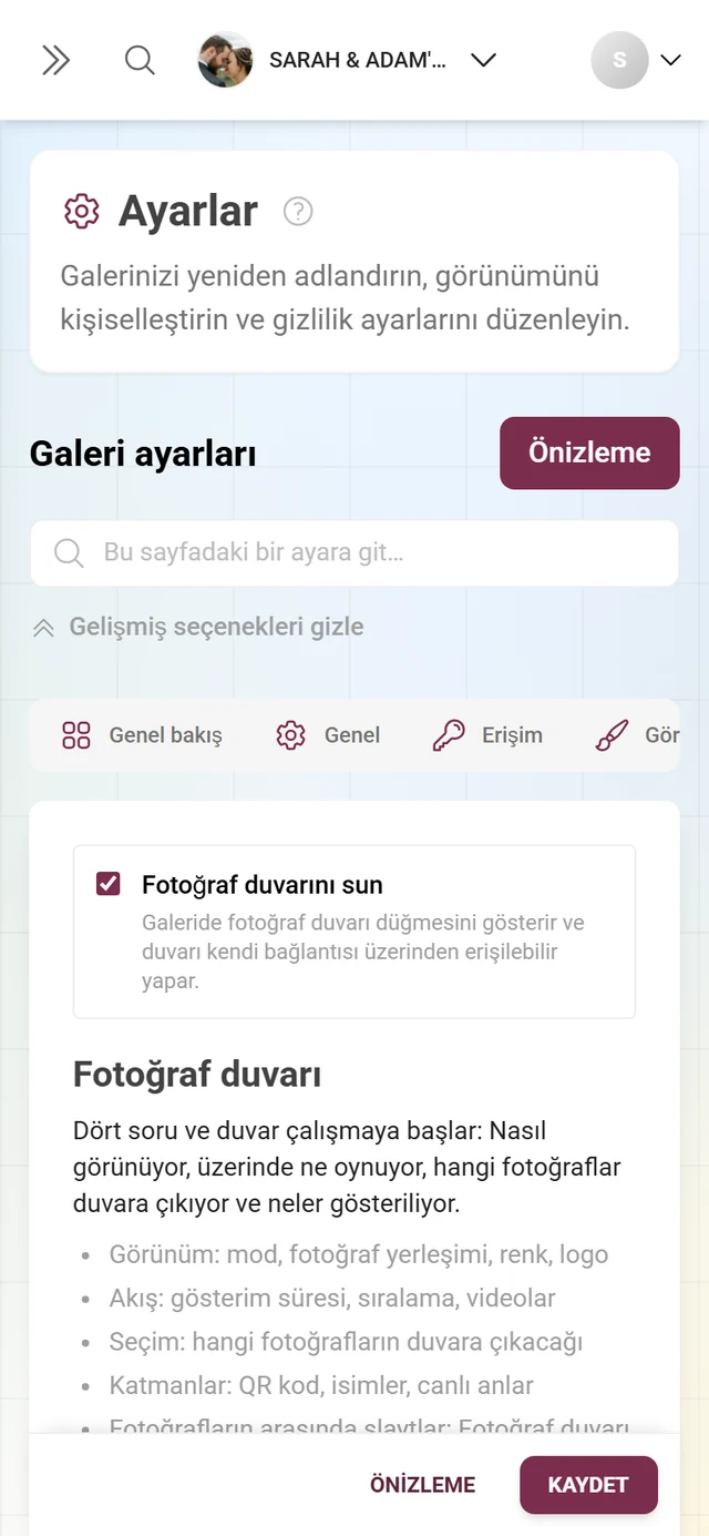 Yönetim alanında fotoğraf duvarı ayarları