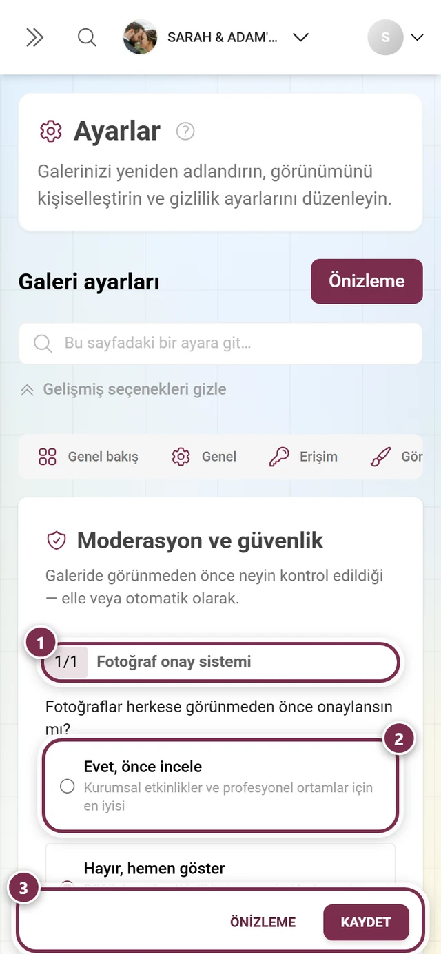 Ev sahibi alanındaki Moderasyon ve güvenlik ayar sekmesi