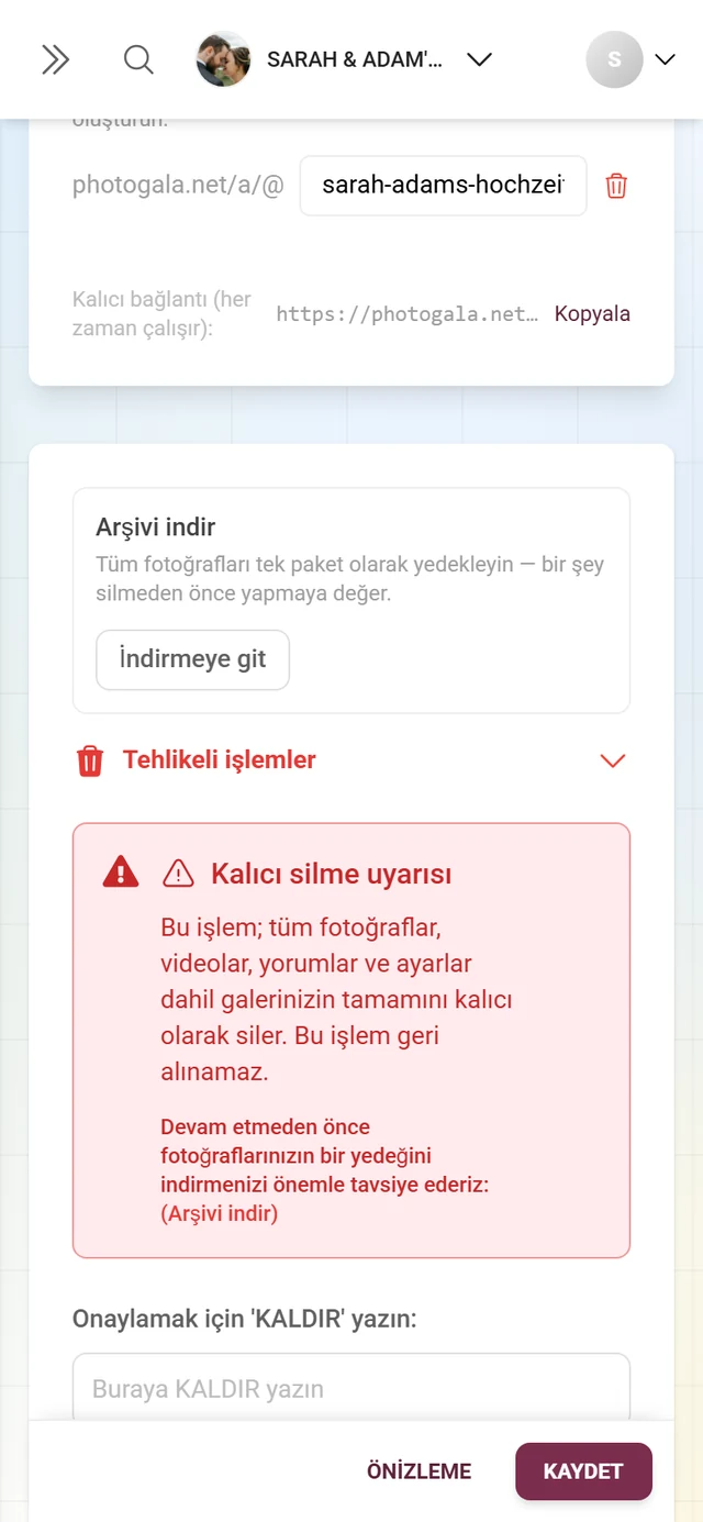 Silme işlemleriyle etkinlik ayarlarının tehlike bölgesi