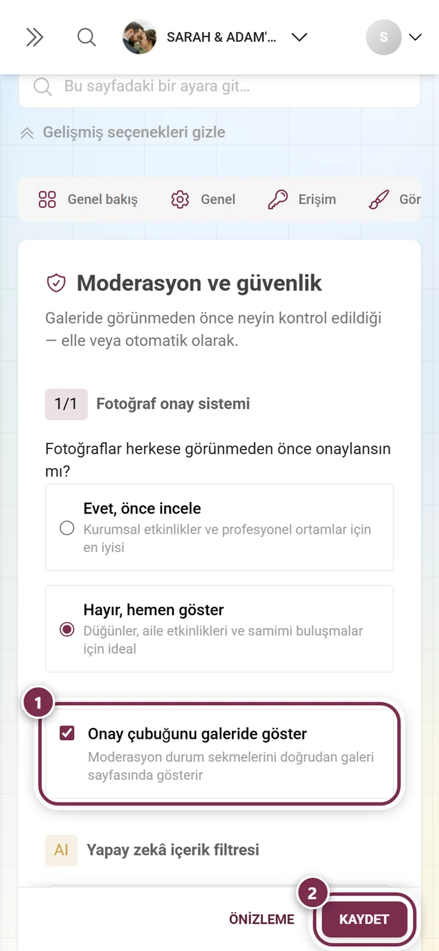 Anahtarı ve kaydetme çubuğu işaretli Onay çubuğunu galeride göster kartı