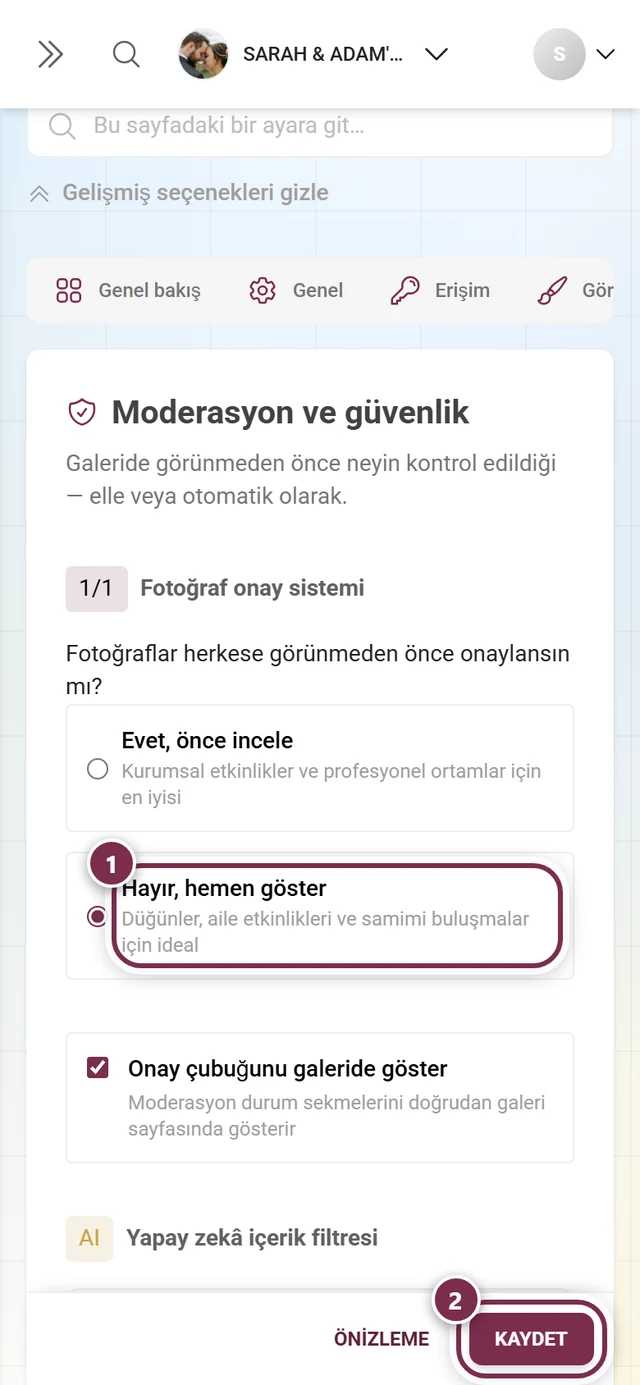 Fotoğraf onayı sorusunu ve kaydetme çubuğunu gösteren Ayarlar, Moderasyon ve güvenlik sekmesi