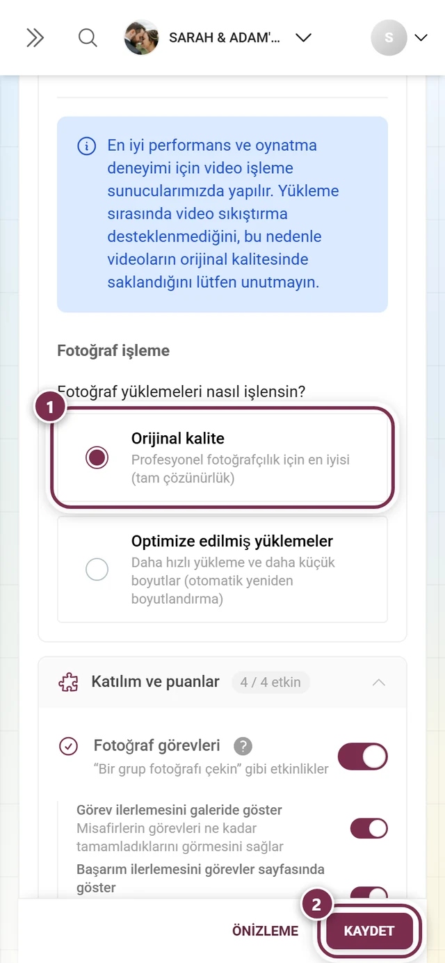Orijinal kalite seçeneği ve kaydetme çubuğu işaretli fotoğraf yönetimi