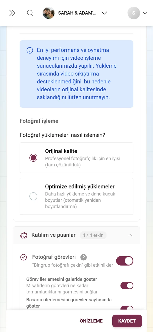 Medya ve yükleme açılır bölümündeki görüntü kalitesi bloğu