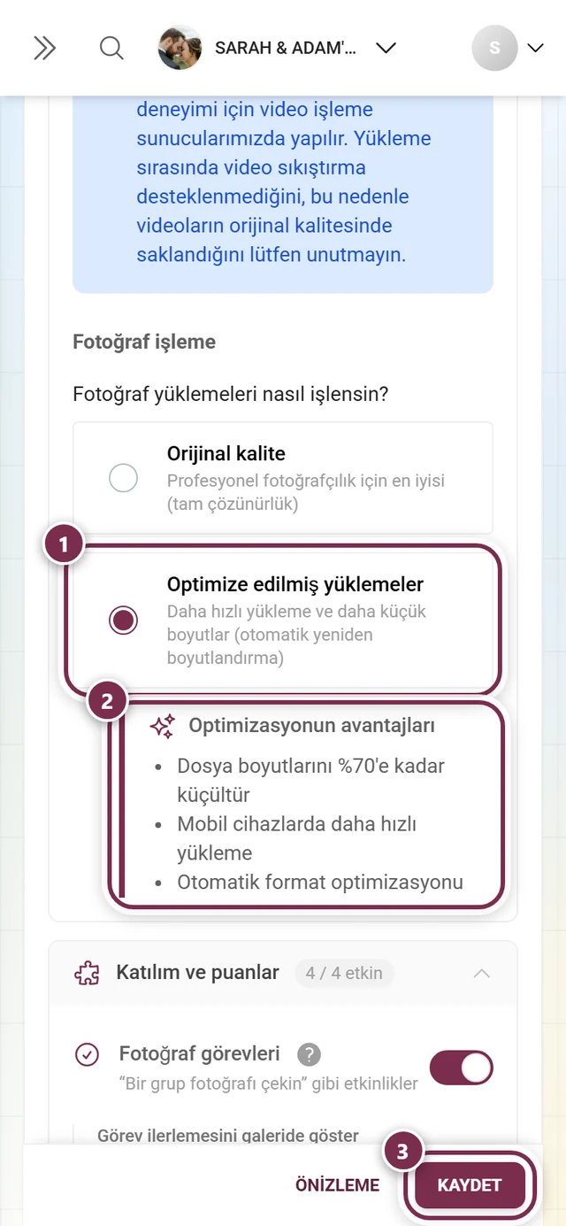 Optimize edilmiş yüklemeler seçili, altında açılan Optimizasyonun avantajları kutusu, en altta kaydetme çubuğu