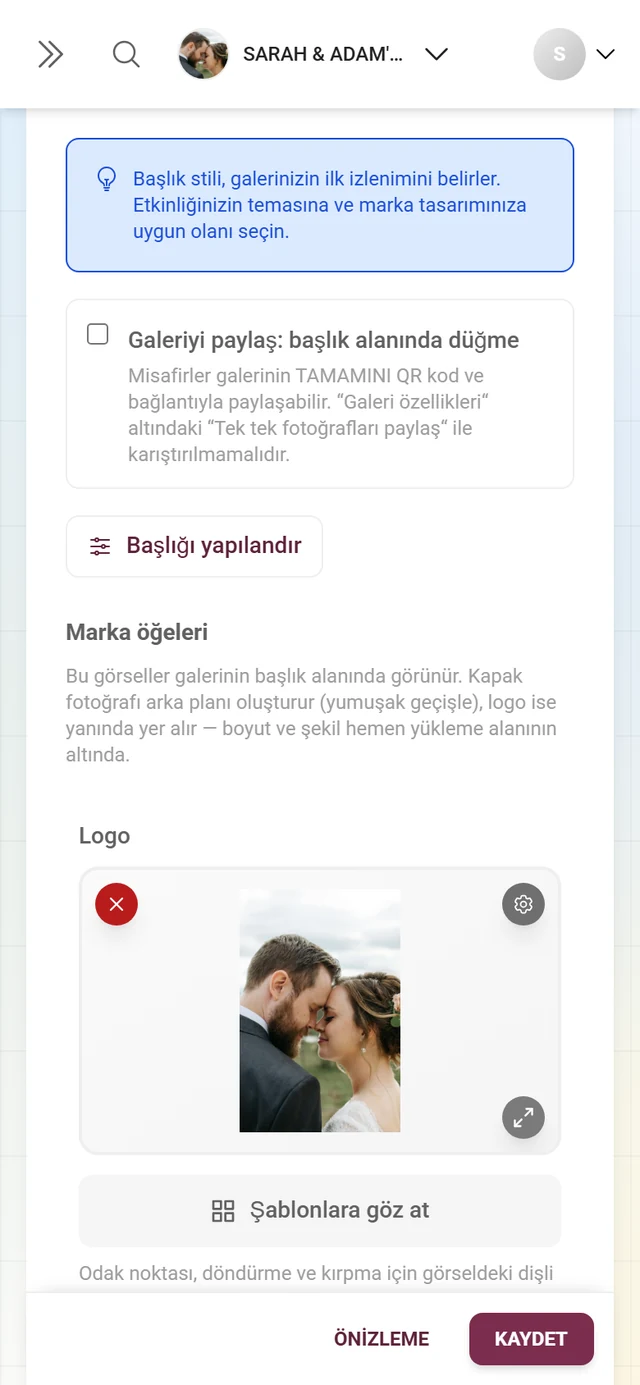 Galeriyi paylaş onay kutusu, Başlığı yapılandır düğmesi ve boş Logo ile Kapak görseli yükleme alanları