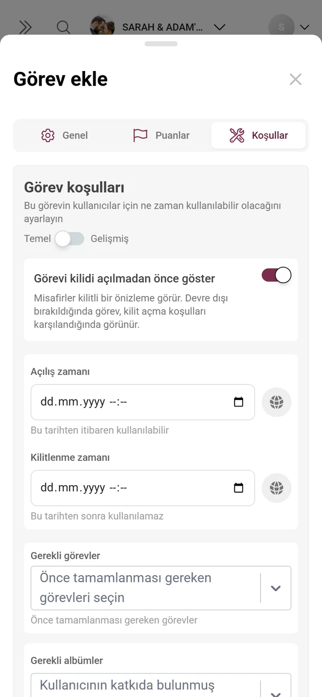 Temel ve Gelişmiş geçiş anahtarlarıyla görev düzenleyicisindeki Koşullar sekmesi