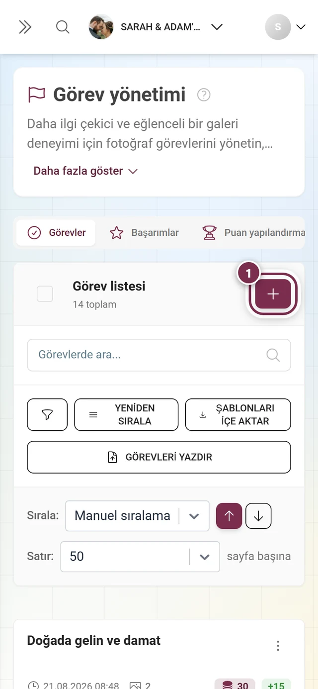 Araç çubuğunun üstünde sağda kırmızıyla işaretlenmiş Görev oluştur düğmesiyle görev yönetimi
