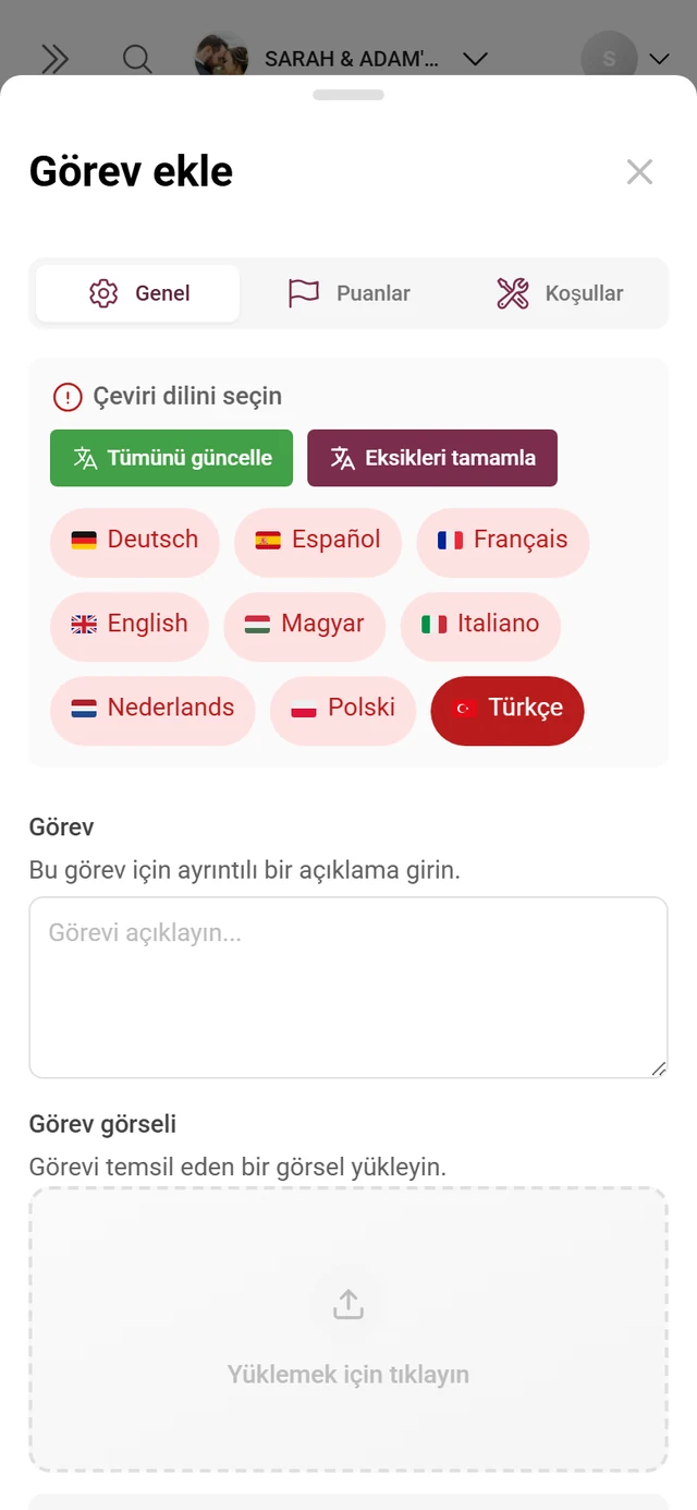 Görev, referans görseli, puanlar ve sıralama alanlarıyla görev düzenleyicisi