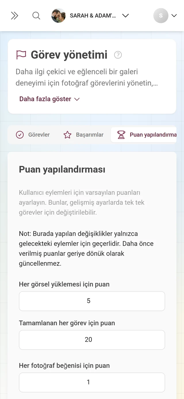 Eylem başına puan değerleriyle Puan yapılandırması sekmesi