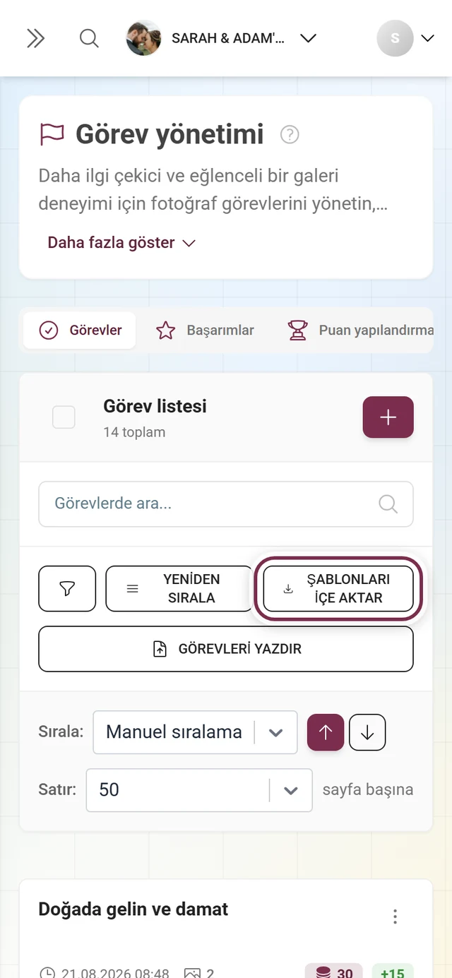 Kırmızıyla işaretlenmiş Şablonları içe aktar düğmesiyle görev yönetiminin araç çubuğu