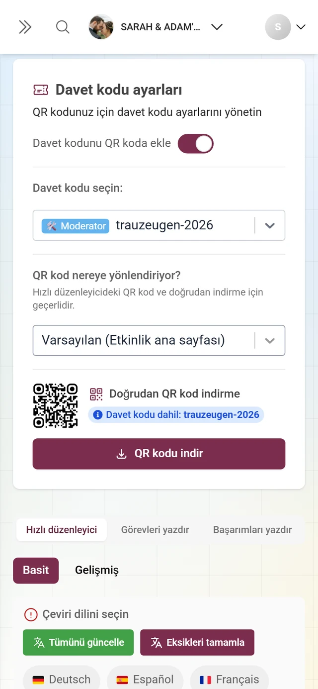 Anahtarı, QR hedefi ve doğrudan indirmesiyle davet kodu ayarları kartı
