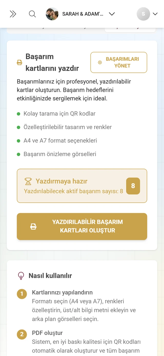 Başarım kartlarını yazdır kartıyla Başarımları yazdır sekmesi