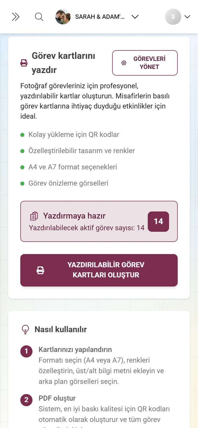 Görev kartlarını yazdır kartıyla Görevleri yazdır sekmesi