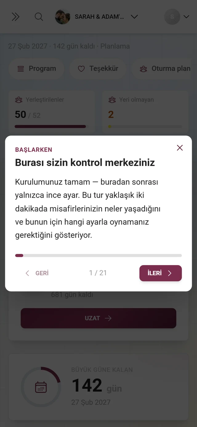 Bölüm satırı, başlık, metin ve X / Y göstergesiyle rehberli turun bir adımı