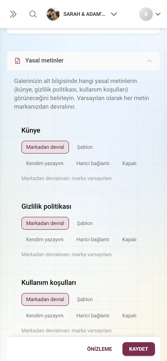 White-Label sekmesinde açılmış yasal metinler bölümü