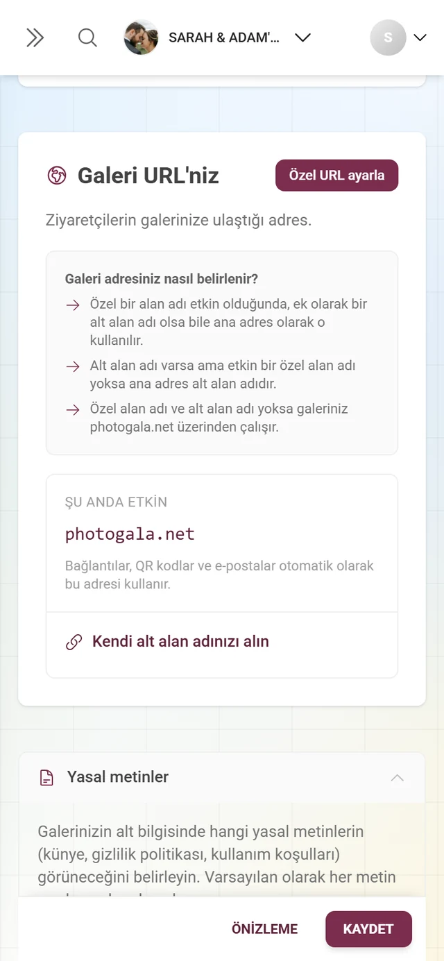 Mevcut adresle Galeri URL'niz bölümü