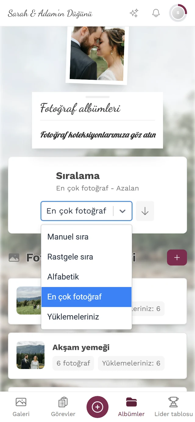 Beş seçenekli açık sıralama açılır menüsü