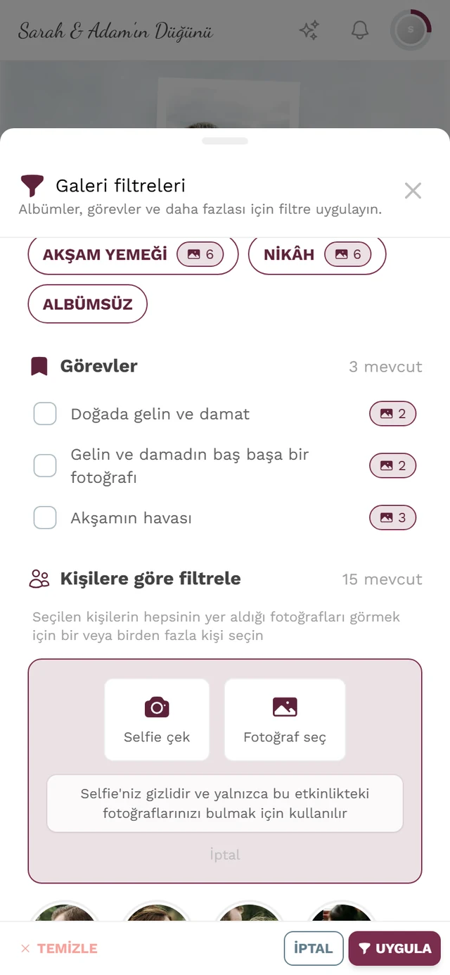 Selfie çek ve Fotoğraf seç düğmeleri ile gizlilik notunu içeren Beni bul kaynak seçimi