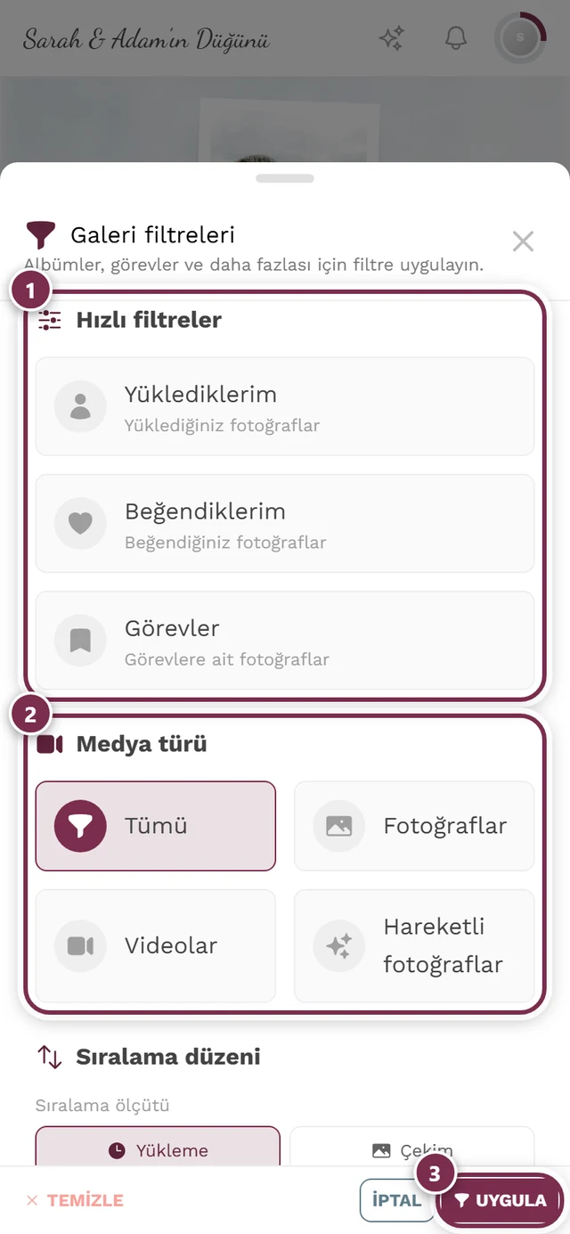 Hızlı filtreler, Medya türü, Sıralama düzeni ve Albümler bölümleriyle filtre paneli
