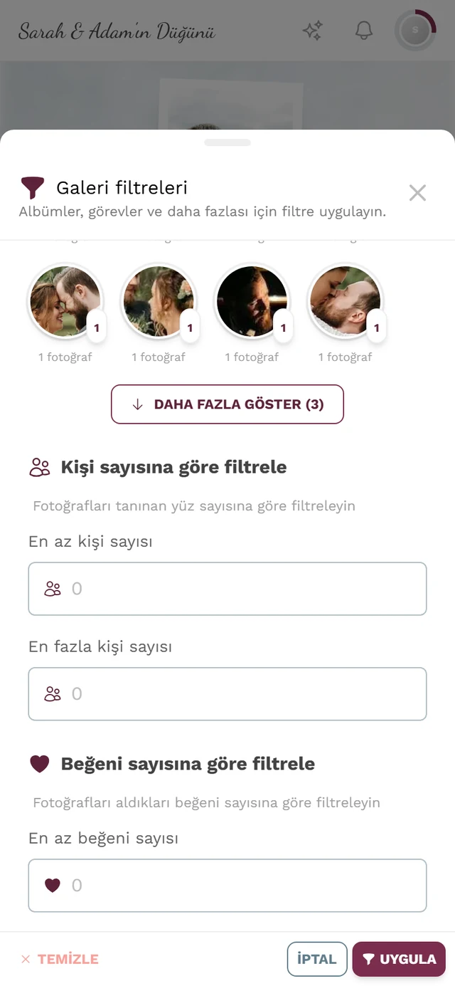 En az ve En fazla kişi sayısı alanlarıyla Kişi sayısına göre filtrele bölümü
