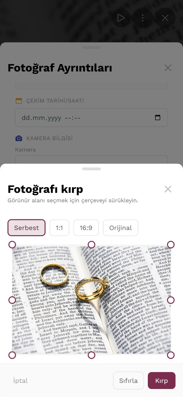 Serbest, 1:1, 16:9 ve Orijinal en boy oranları, yuvarlak köşe tutamaçlı çerçeve ve İptal, Sıfırla ile Kırp düğmeleriyle Fotoğrafı kırp penceresi