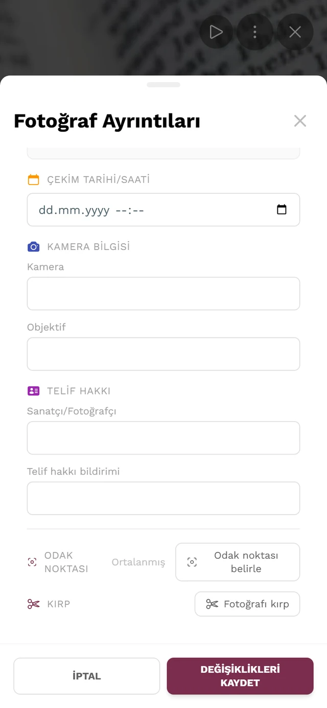 GPS konumu, çekim tarihi, kamera bilgisi, telif hakkı ile Odak noktası ve Kırp satırlarıyla düzenleme modunda görsel ayrıntıları