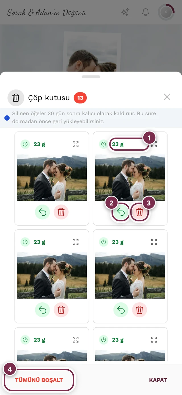 Galeride diyalog olarak kişisel çöp kutusu; kalan süre etiketi, Geri yükle, Kalıcı olarak sil ve Tümünü boşalt işaretli