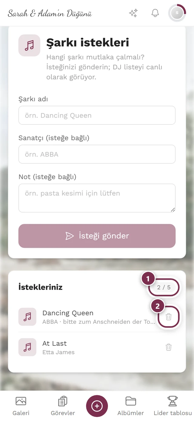 İki giriş, 5 istekten 2'si sayacı ve çöp kutusu simgeleriyle İstekleriniz bölümü