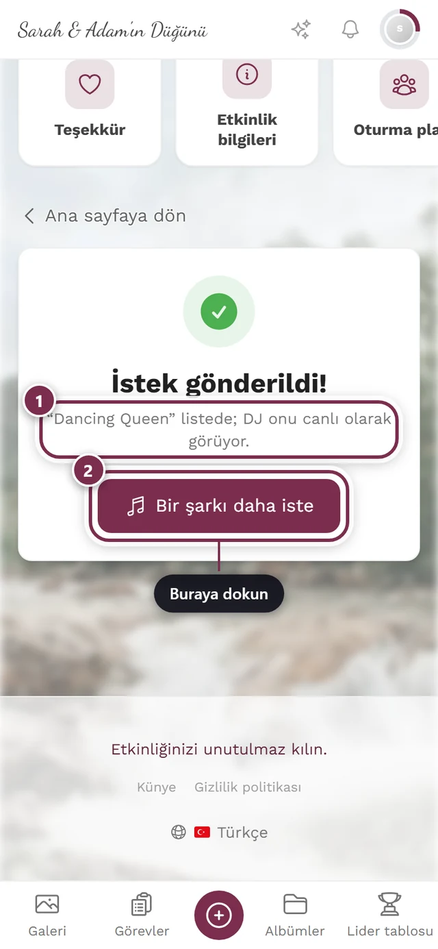 Yeşil onay işareti ve Bir istek daha gönder düğmesiyle İstek gönderildi onayı