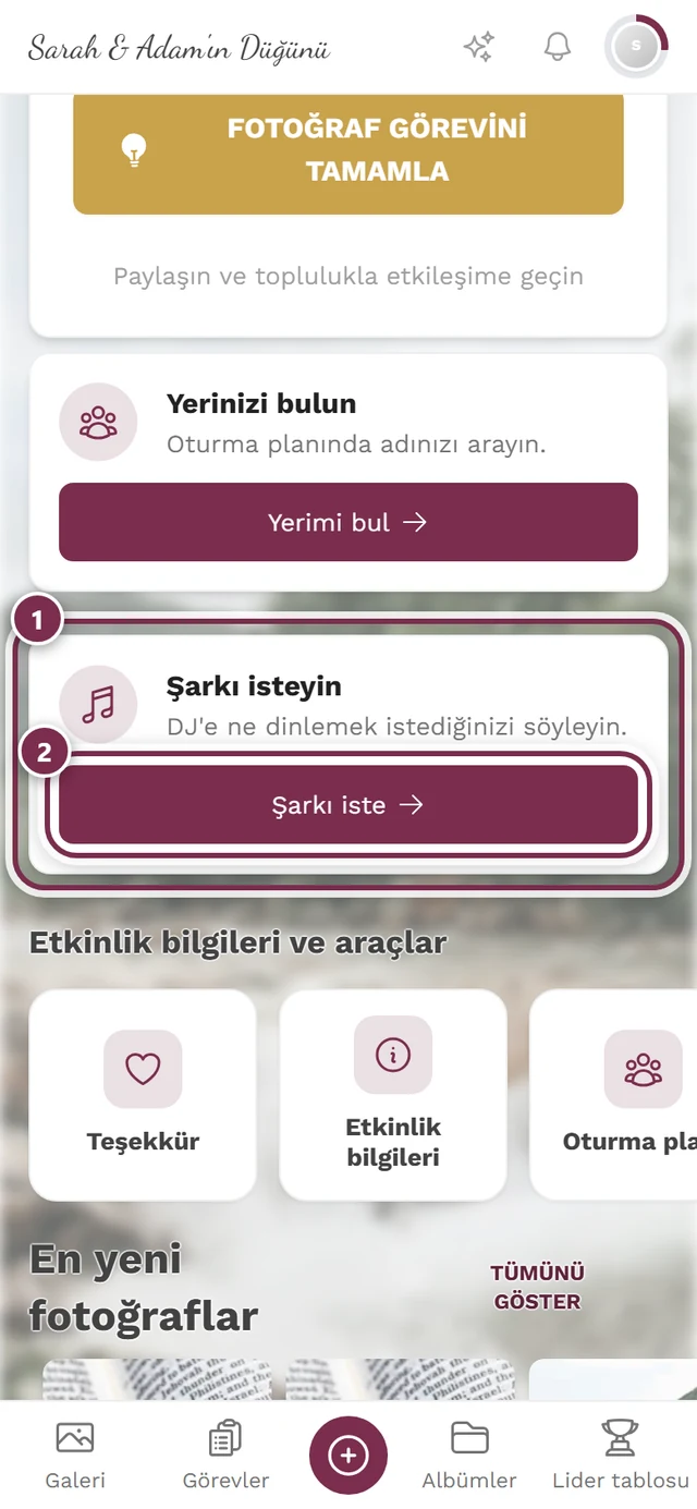 Bir şarkı isteyin kartı ve Şarkı iste düğmesiyle etkinliğin başlangıç sayfası