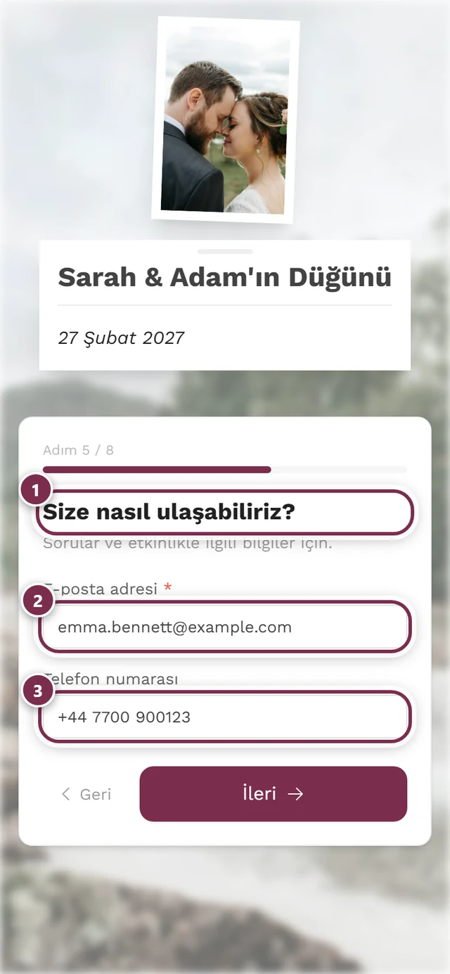 E-posta adresi için zorunlu bir alan ve isteğe bağlı bir telefon alanıyla Size nasıl ulaşabiliriz adımı